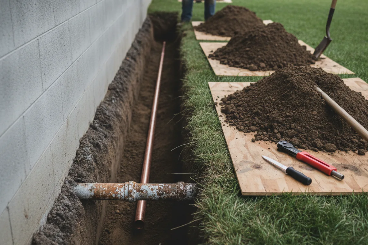 Excavated water line trench during Water Softener Installation in Alva